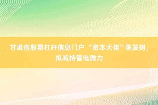 甘肃省股票杠杆信息门户 “资本大佬”陈发树，拟减持雷电微力